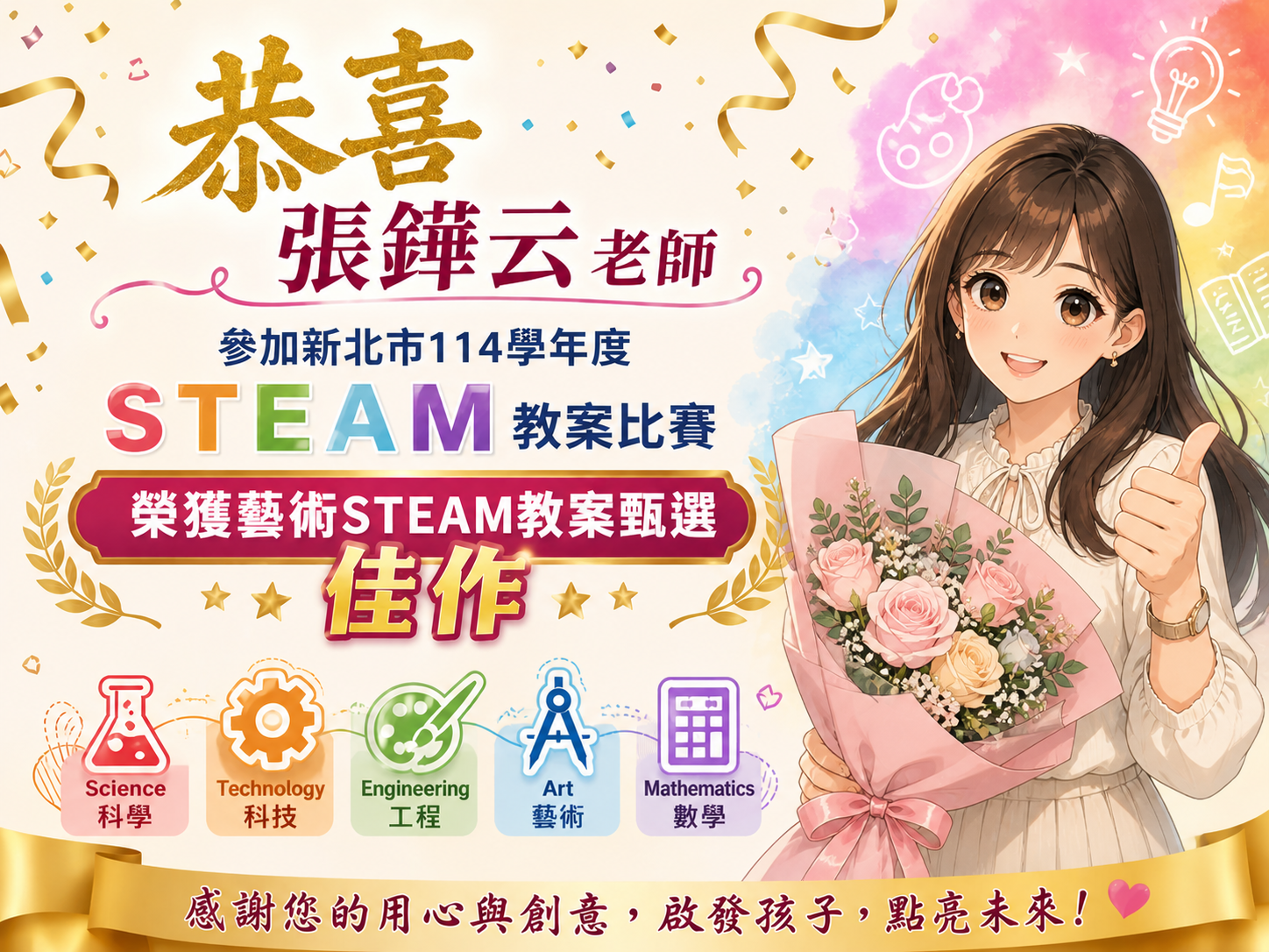 恭喜張鏵云老師參加新北市114學年度STEAM教案比賽榮獲藝術STEAM教案甄選佳作